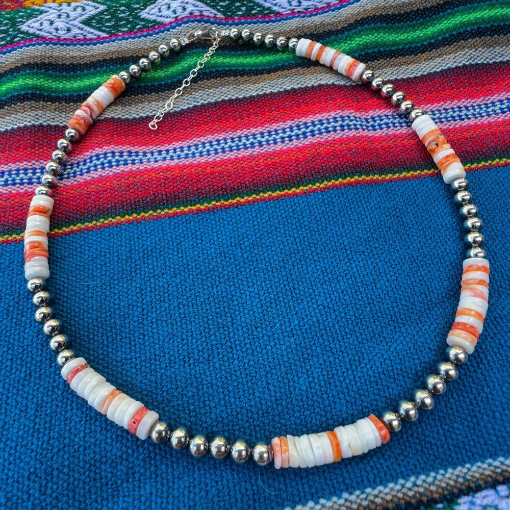 Sterling Silver & Spiny Oyster Beaded Necklace New - Picture 2 of 13